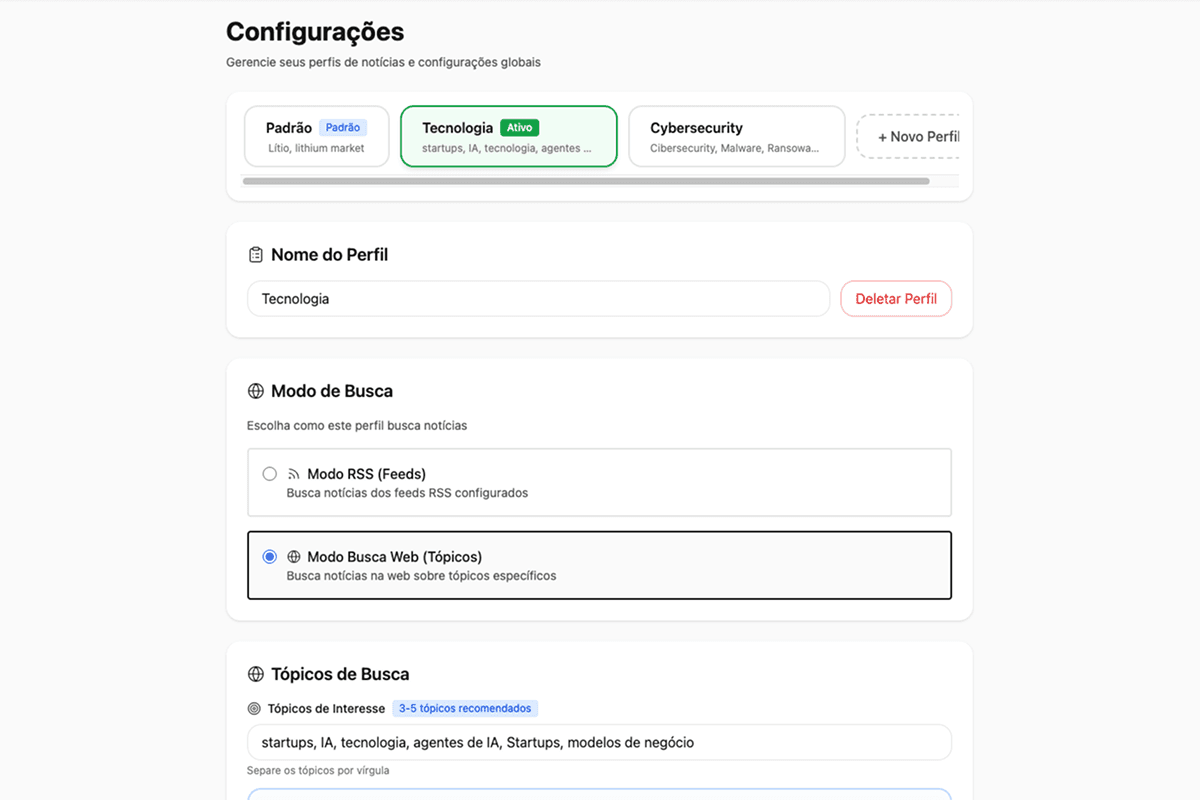 Tela de personalização de interesses e configurações